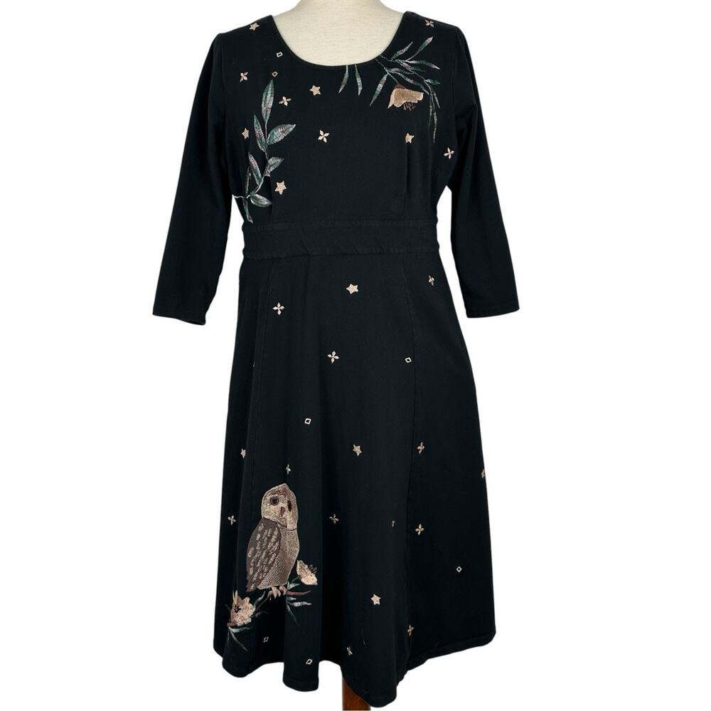 Eshakti Custom Dress Women Black Knit Midi Owl Embroidered Fit Flare Boho Fall